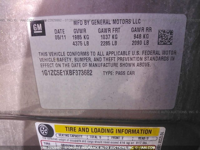 1G1ZC5E1XBF373682 - 2011 CHEVROLET MALIBU 1LT 棕色 照片 9