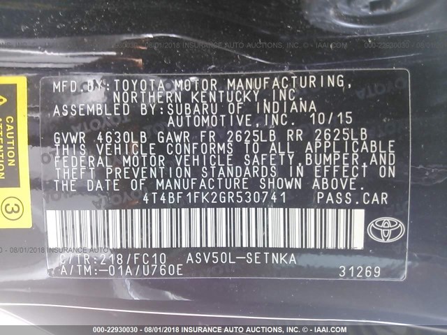 4T4BF1FK2GR530741 - 2016 TOYOTA CAMRY LE/XLE/SE/XSE BLACK photo 9