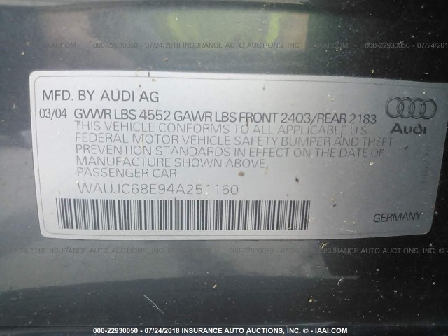 WAUJC68E94A251160 - 2004 AUDI A4 1.8T GRAY photo 9