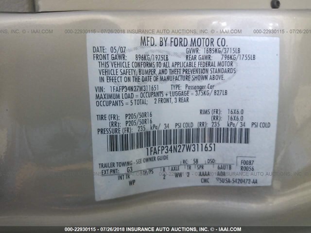 1FAFP34N27W311651 - 2007 FORD FOCUS ZX4/S/SE/SES 棕色 照片 9