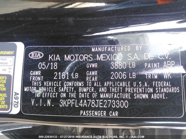 3KPFL4A78JE273300 - 2018 KIA FORTE LX/S BLACK photo 9