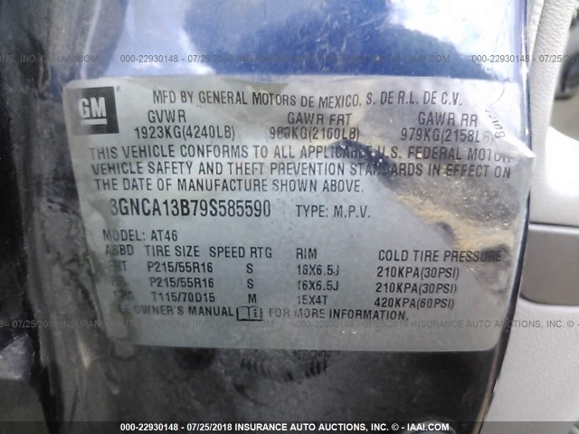 3GNCA13B79S585590 - 2009 CHEVROLET HHR LS BLUE photo 9