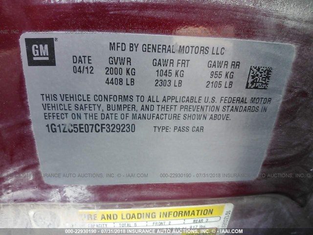 1G1ZC5E07CF329230 - 2012 CHEVROLET MALIBU 1LT RED photo 9