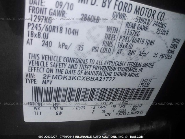 2FMDK3KCXBBA21777 - 2011 FORD EDGE LIMITED GRAY photo 9