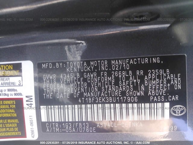 4T1BF3EK3BU117906 - 2011 TOYOTA CAMRY SE/LE/XLE ნაცრისფერი ფოტო 9