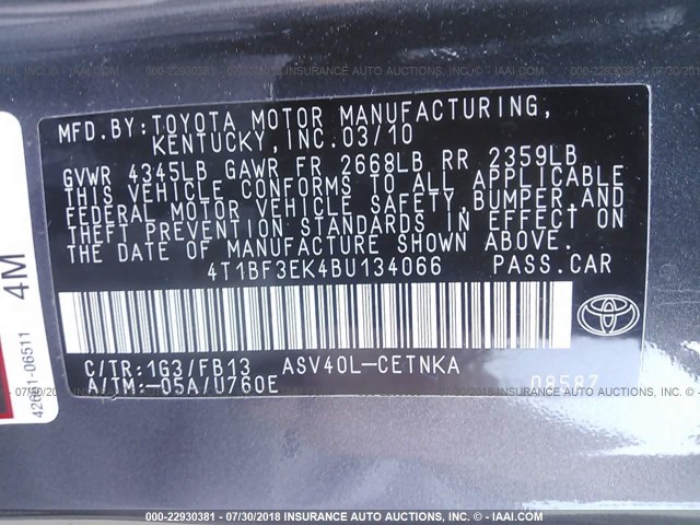 4T1BF3EK4BU134066 - 2011 TOYOTA CAMRY SE/LE/XLE ნაცრისფერი ფოტო 9