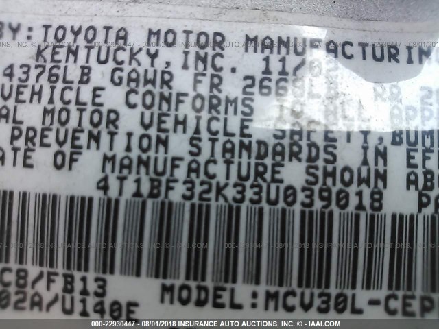 4T1BF32K33U039018 - 2003 TOYOTA CAMRY LE/XLE/SE Күміс фото 9