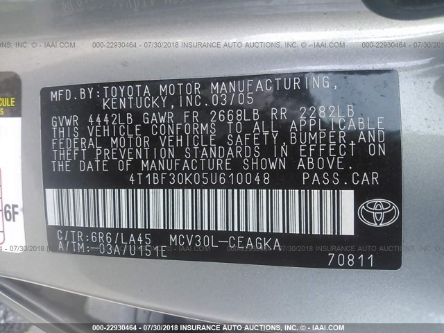 4T1BF30K05U610048 - 2005 TOYOTA CAMRY LE/XLE/SE Күміс фото 9