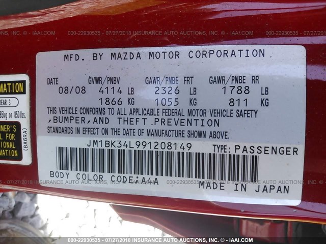 JM1BK34L991208149 - 2009 MAZDA SPEED 3 RED photo 9