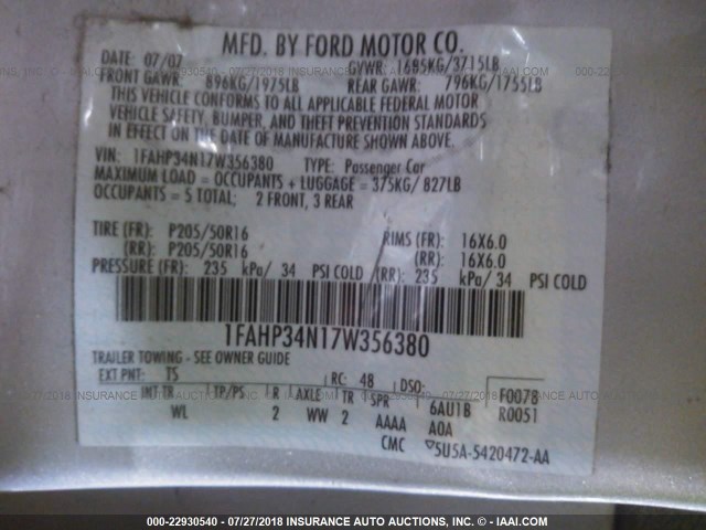 1FAHP34N17W356380 - 2007 FORD FOCUS ZX4/S/SE/SES 银色 照片 9
