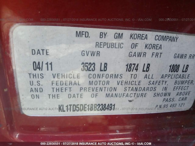 KL1TD5DE1BB238491 - 2011 CHEVROLET AVEO LS/LT 红色 照片 9