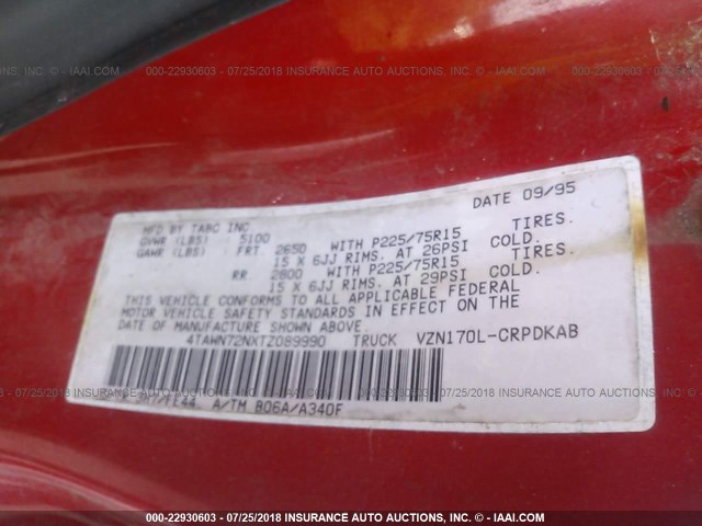 4TAWN72NXTZ089990 - 1996 TOYOTA TACOMA XTRACAB RED photo 9