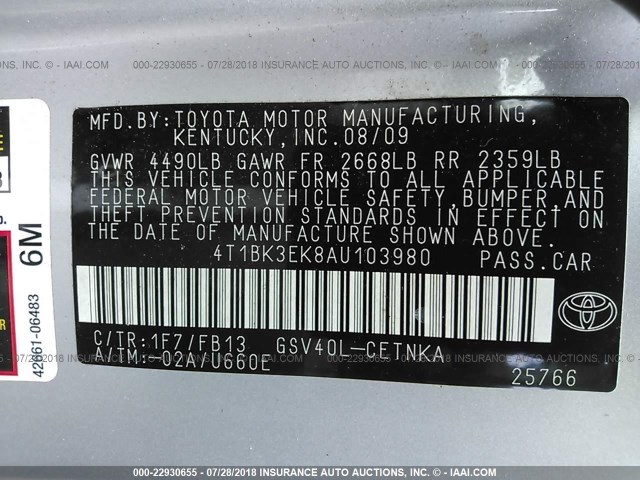 4T1BK3EK8AU103980 - 2010 TOYOTA CAMRY SE/LE/XLE SILVER photo 9