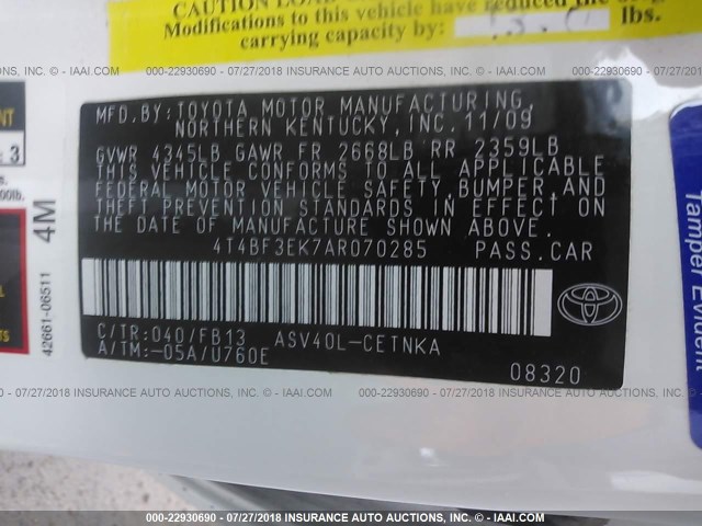 4T4BF3EK7AR070285 - 2010 TOYOTA CAMRY SE/LE/XLE თეთრი ფოტო 9