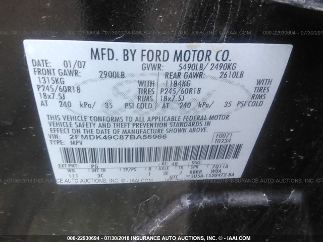 2FMDK49C87BA56966 - 2007 FORD EDGE SEL PLUS PURPLE photo 9