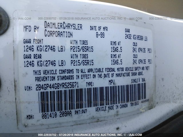 2B4GP44G8YR525671 - 2000 DODGE GRAND CARAVAN SE/SPORT WHITE photo 9