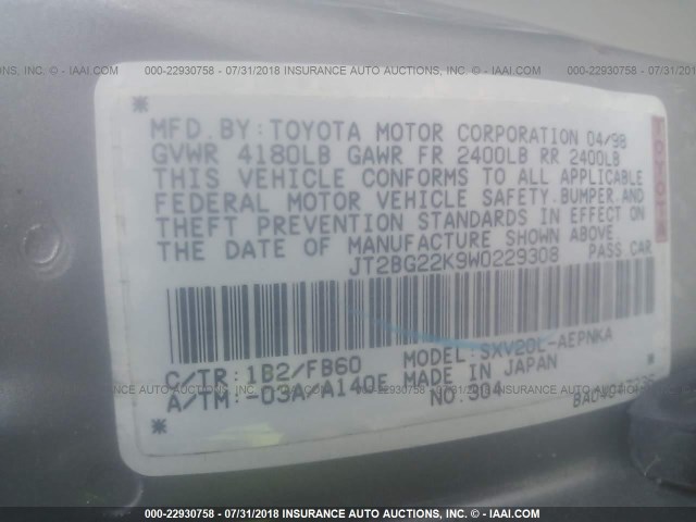 JT2BG22K9W0229308 - 1998 TOYOTA CAMRY CE/LE/XLE 灰色 照片 9