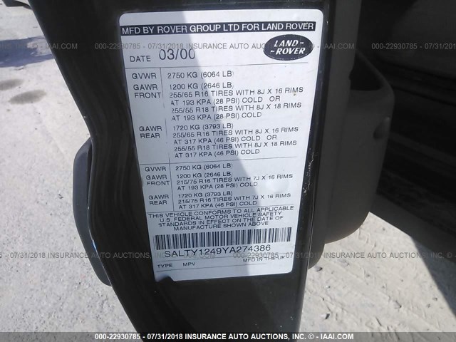 SALTY1249YA274386 - 2000 LAND ROVER DISCOVERY II  შავი ფოტო 9