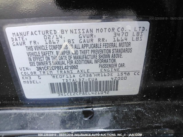 3N1CE2CP8EL421092 - 2014 NISSAN VERSA NOTE S/S PLUS/SV/SL BLACK photo 9