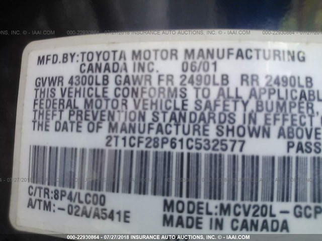 2T1CF28P61C532577 - 2001 TOYOTA CAMRY SOLARA SE/SLE ლურჯი ფოტო 9