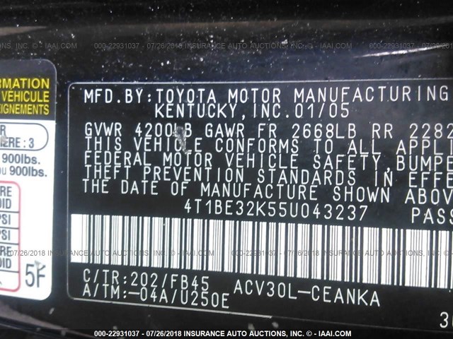 4T1BE32K55U043237 - 2005 TOYOTA CAMRY LE/XLE/SE Qara foto 9