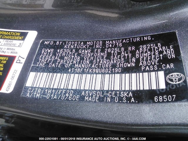 4T1BF1FK9GU602190 - 2016 TOYOTA CAMRY LE/XLE/SE/XSE GRAY photo 9