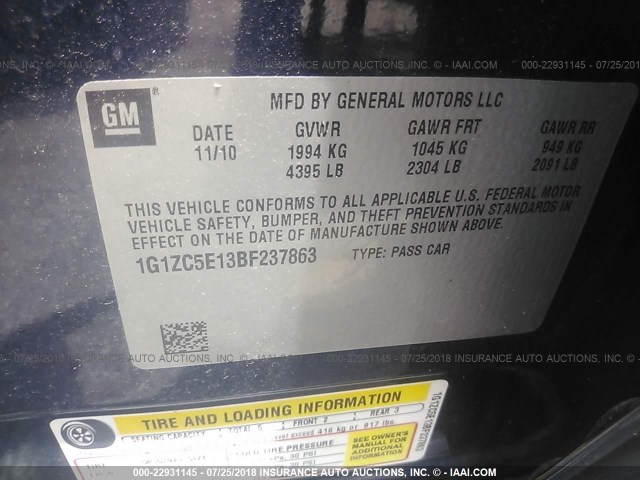 1G1ZC5E13BF237863 - 2011 CHEVROLET MALIBU 1LT მუქი ლურჯი ფოტო 9