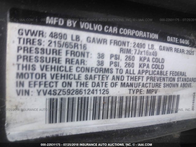 YV4SZ592861241126 - 2006 VOLVO XC70 GRAY photo 9