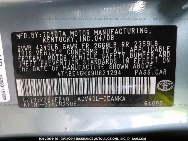 4T1BE46KX9U821294 - 2009 TOYOTA CAMRY SE/LE/XLE მწვანე ფოტო 9