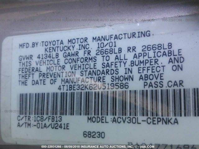 4T1BE32K62U519586 - 2002 TOYOTA CAMRY LE/XLE/SE ვერცხლისფერი ფოტო 9