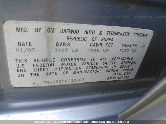 KL1TD56637B128507 - 2007 CHEVROLET AVEO LS BLUE photo 9