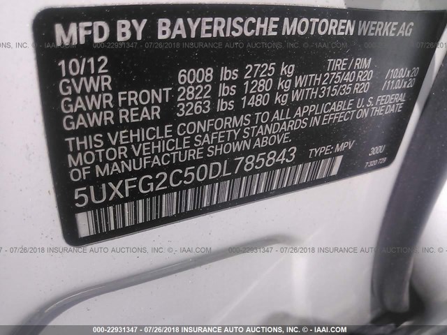 5UXFG2C50DL785843 - 2013 BMW X6 XDRIVE35I WHITE photo 9