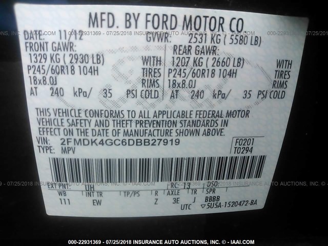 2FMDK4GC6DBB27919 - 2013 FORD EDGE SE BLACK photo 9