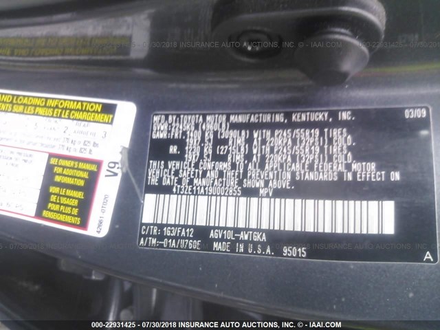 4T3ZE11A19U002855 - 2009 TOYOTA VENZA GRAY photo 9