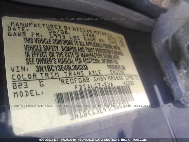 3N1BC13E49L360338 - 2009 NISSAN VERSA S/SL Navy photo 9