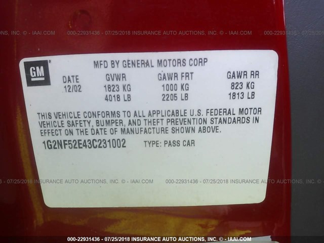 1G2NF52E43C231002 - 2003 PONTIAC GRAND AM SE1 RED photo 9