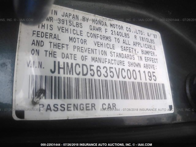 JHMCD5635VC001195 - 1997 HONDA ACCORD LX/EX GREEN photo 9