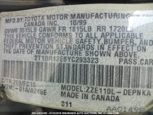 2T1BR12E8YC293323 - 2000 TOYOTA COROLLA VE/CE/LE 黑色 照片 9