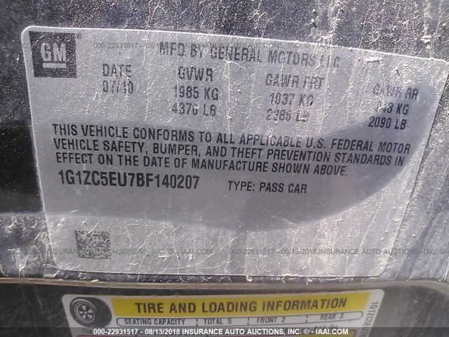 1G1ZC5EU7BF140207 - 2011 CHEVROLET MALIBU 1LT GRAY photo 9