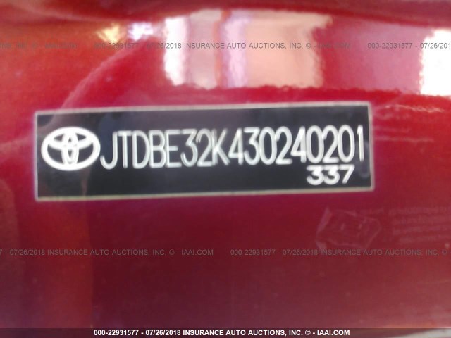JTDBE32K430240201 - 2003 TOYOTA CAMRY LE/XLE RED photo 9