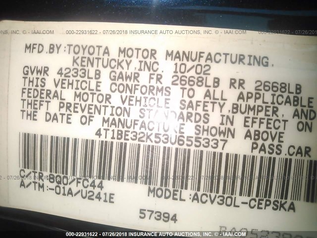 4T1BE32K53U655337 - 2003 TOYOTA CAMRY LE/XLE/SE 海军蓝 照片 9