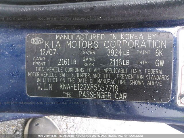 KNAFE122X85557719 - 2008 KIA SPECTRA EX/LX/SX BLUE photo 9