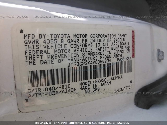 JT2BG22K4V0086234 - 1997 TOYOTA CAMRY LE/XLE 白色 照片 9