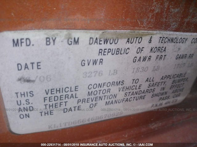 KL1TD66646B670929 - 2006 CHEVROLET AVEO LS ORANGE photo 9