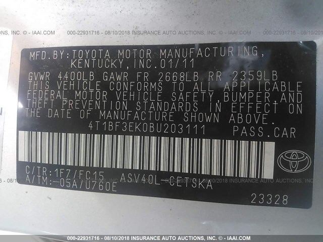 4T1BF3EK0BU203111 - 2011 TOYOTA CAMRY SE/LE/XLE ვერცხლისფერი ფოტო 9