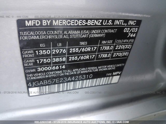 4JGAB57E23A425310 - 2003 MERCEDES-BENZ ML 350 SILVER photo 9