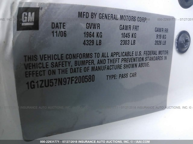 1G1ZU57N97F200580 - 2007 CHEVROLET MALIBU LTZ 白色 照片 9