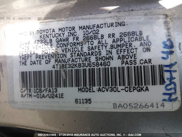 4T1BE32K83U658460 - 2003 TOYOTA CAMRY LE/XLE/SE 银色 照片 9