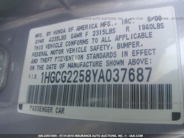 1HGCG2258YA037687 - 2000 HONDA ACCORD EX SILVER photo 9