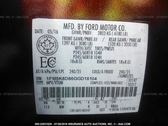 1FM5K8D86GGD18104 - 2016 FORD EXPLORER XLT ნარინჯისფერი ფოტო 9